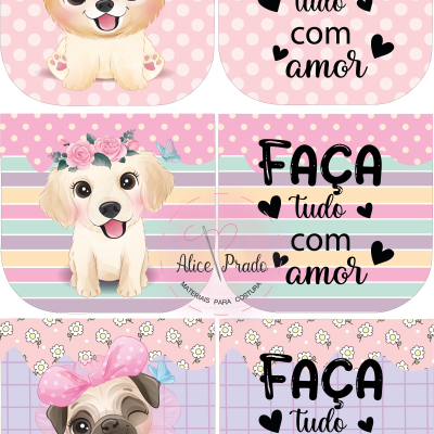 Três desenhos com cachorros fofos e texto 'FAÇA tudo com amor' em fundos coloridos com padrões