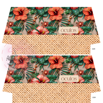 Caixa para óculos com padrão floral e textura xadrez bege