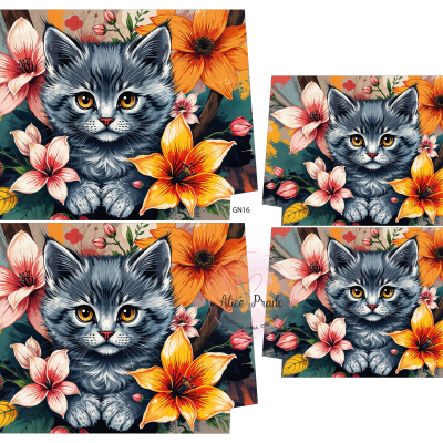 Imagem digital de gato cinzento com olhos amarelos e flores laranja e rosa