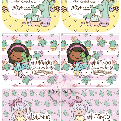 Cartões com ilustrações de cactos e crianças com mensagens motivacionais em português