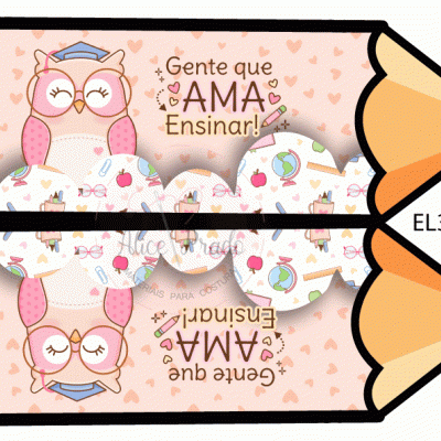 Marcadores de lápis rosa com coruja e texto Gente que AMA Ensinar