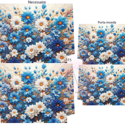 Necessaire e porta moeda com padrão floral azul e branco, texto Necessaire e Porta moeda, etiqueta F5