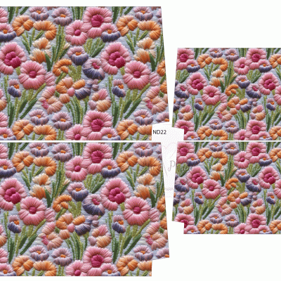 Tecido estampado com flores coloridas em amostras com etiqueta ND22