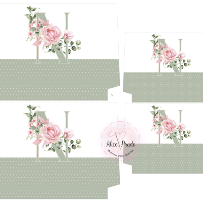 Conjunto de caixas decorativas com flores e letra N em padrão verde e branco