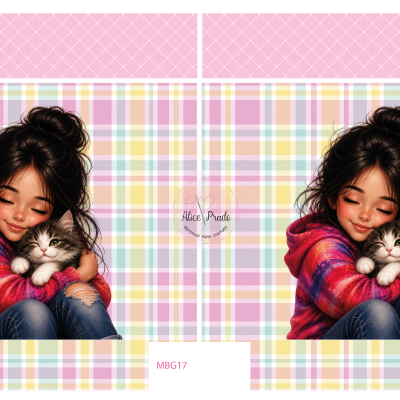 Ilustração de menina abraçando gato sobre fundo xadrez colorido com texto Hair Pack.