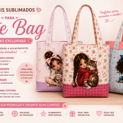 Três tote bags coloridas com estampas de meninas e gatos, padrões florais e corações em fundo claro.
