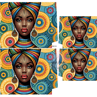 Ilustração artística de mulher com turbante colorido e padrões tribais no rosto em painéis