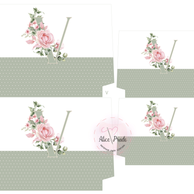 Caixas de papel com decoração floral e letra V, com selo Alice Prado personalização