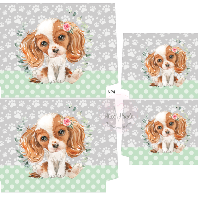 Desenho de cão com flor em fundo cinzento e verde com pegadas e pontos