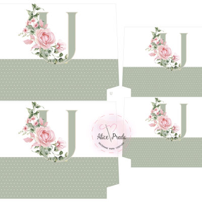 Modelos de caixas de papel com letra J floral e padrão de pontos brancos