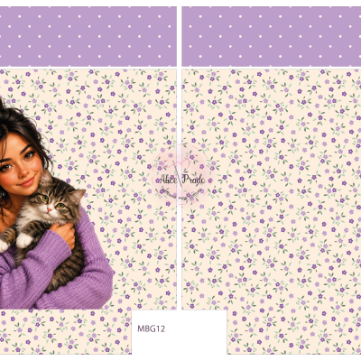 Padrão floral lilás sobre fundo creme com mulher segurando gato e texto MBG12