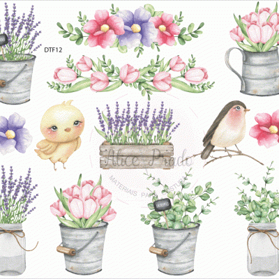 Ilustrações aquareladas de flores variadas e um passarinho em recipientes metálicos e de vidro