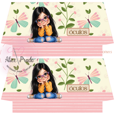 Etiqueta com ilustração de menina com óculos e fundo floral com borboletas