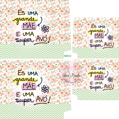 Embalagem com texto 'ÉS UMA grande MÃE E UMA super AVÓ!' e padrão floral rosa e verde