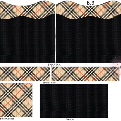 Peças de tecido quadriculado bege, rosa, preto e branco, e tecido preto liso para confeção