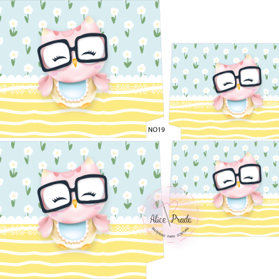 Embalagem de papel com desenho de coruja e padrões florais e riscas amarelas.