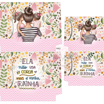 Postal decorativo com mulher e filhos, fundo floral, padrão rosa e texto em português