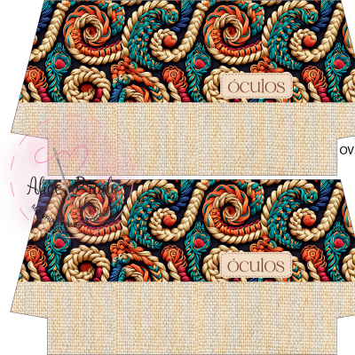 Sacolas ou caixas para óculos com padrão de cordas coloridas e etiqueta ÔCULOS