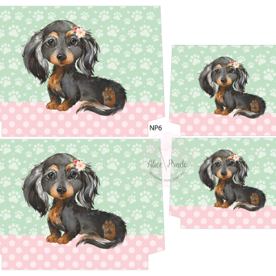 Capas de almofada com desenho de cachorro Dachshund sobre fundo verde com patas e faixa rosa com bolinhas, código NP6