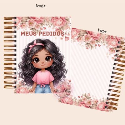 Caderno floral com ilustração de menina e texto MEUS PEDIDOS
