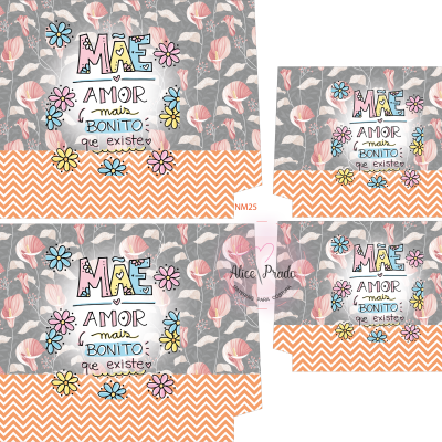 Papel/cartão decorativo para oferta com texto e flores em fundo cinza e padrão zig-zag laranja.