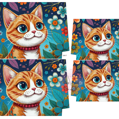 Estampa têxtil gato laranja olhos azuis com flores coloridas em fundo azul