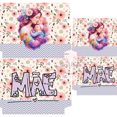 Papelaria com desenho de mãe e bebé, padrão floral e texto MÃE