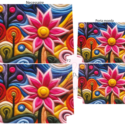 Necessaire e porta moeda com padrão colorido em relevo de flor e folhas