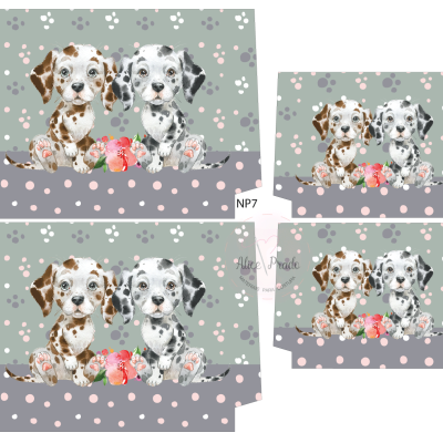 Caixas dobráveis com design de dálmatas e flores em fundo cinza com bolinhas cor-de-rosa