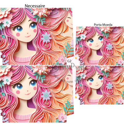 Conjunto necessaire e porta moeda com estampa colorida de menina e flores
