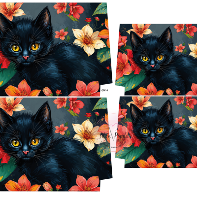 Gato preto digital com olhos amarelos e flores laranja e creme ao redor