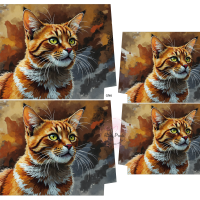 Impressões de gato laranja com olhos verdes e fundo abstrato castanho