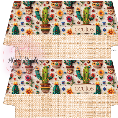 Embalagem de papel para óculos com padrão de cactos e flores coloridas