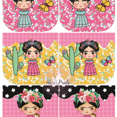 Desenhos cartoon de bonecas Frida Kahlo com fundos coloridos e padrões florais.