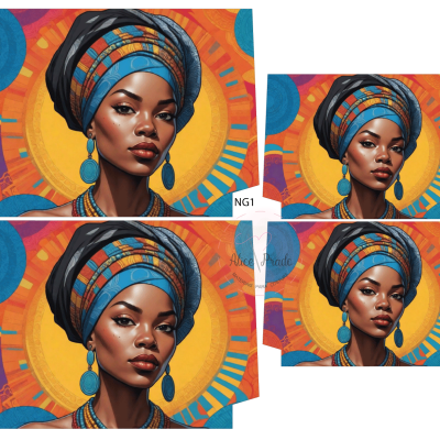 Retrato digital de mulher com turbante colorido e fundo circular amarelo e azul