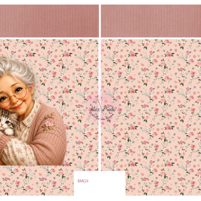 Painel de tecido com estampa floral e ilustração de mulher idosa a segurar um gato.