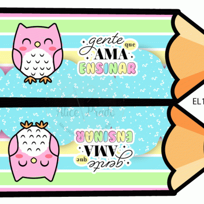 Dois lápis de desenho animado com decoração colorida, coruja rosa e texto 