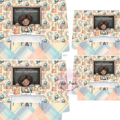 Padrão repetido com criança numa secretária, livros, quadro negro e fundo colorido com unicórnios e estrelas.