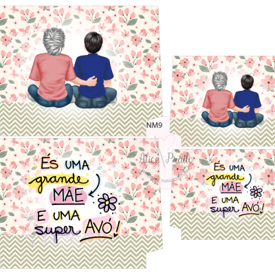 3 postais com ilustração de duas pessoas sentadas e texto sobre mães e avós