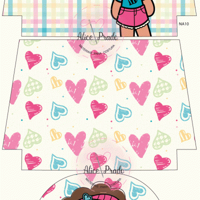 Embalagem com padrão de corações coloridos e ilustração de menina com roupa azul e rosa