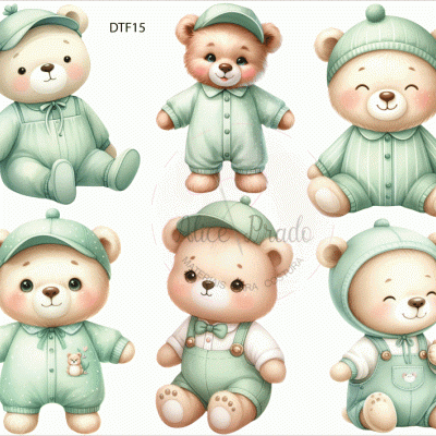 Seis ursinhos de pelúcia em roupas verdes e azuis claras com bonés e gorros