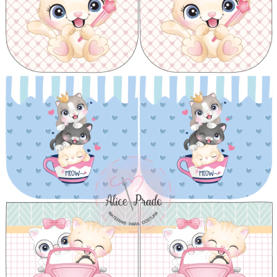 Desenhos de gatinhos fofos em três padrões diferentes com cores suaves