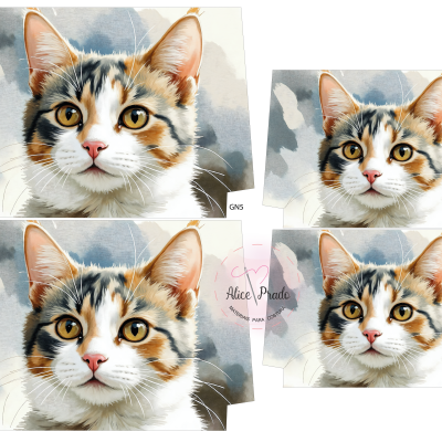 Rosto de gato malhado em quatro recortes digitais sobre fundo cinzento abstrato