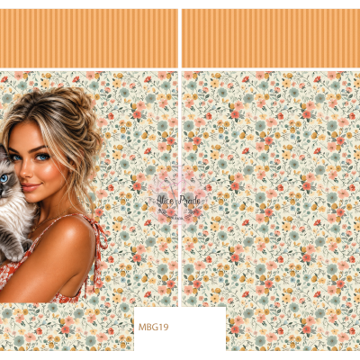 Tecido estampado floral com imagem de mulher e gato, texto MBG19 e Alice Prado Materiais Para Costura