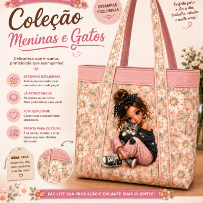 Tote bag rosa com estampa de flores e ilustração de menina com gato