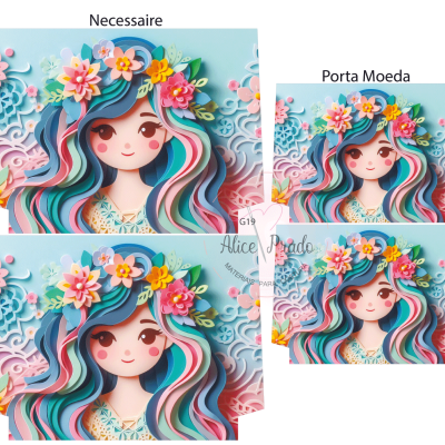 Necessaire e porta moeda com estampa de menina com cabelo colorido e flores em fundo azul claro
