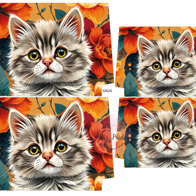 Gato branco e cinzento com fundo de flores laranja e vermelho.