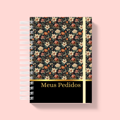Caderno floral com texto Meus Pedidos e espiral branca