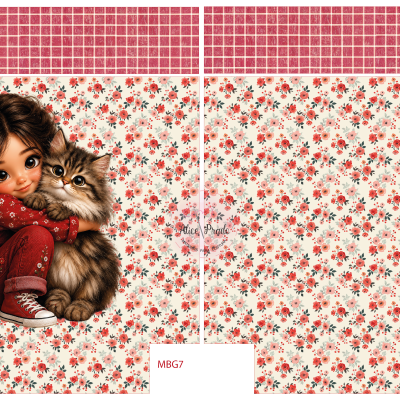 tecido floral creme com ilustração de menina e gato malhado e texto MBG7