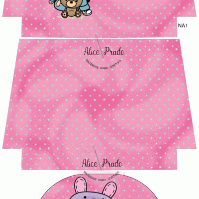 Estampa infantil rosa com pontos brancos e ilustração de menina com ursinho